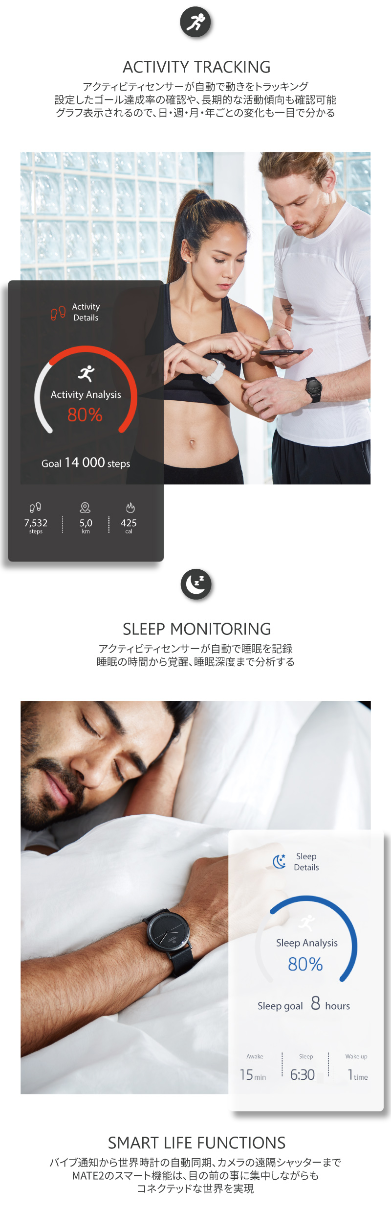 活動量計では、アクティビティセンサーが自動で動きをトラッキング。設定したゴールの達成率の確認や長期的な活動傾向も確認可能。グラフ表示されるので、日、週、月、年ごとの変化も一目で分かる。睡眠モニターでは、アクティビティセンサーが自動で睡眠を記録。睡眠の時間から覚醒、睡眠深度まで分析する。バイブレーション通知から世界時計の自動同期、カメラの遠隔シャッターまでMATE2のスマート機能は目の前のことに集中しながらもコネクテッドな世界を実現。